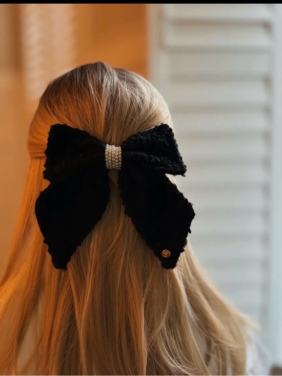 Accessories - Black Tweed  Bow Hair Clip with Pearl Center
